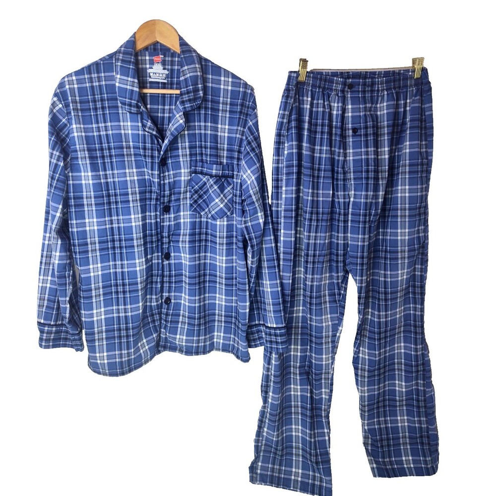 Mens HANES 2 Piece Matching LONGSLEEVE BLUE PLAID SLEEPWEAR PAJAMA SET Size M